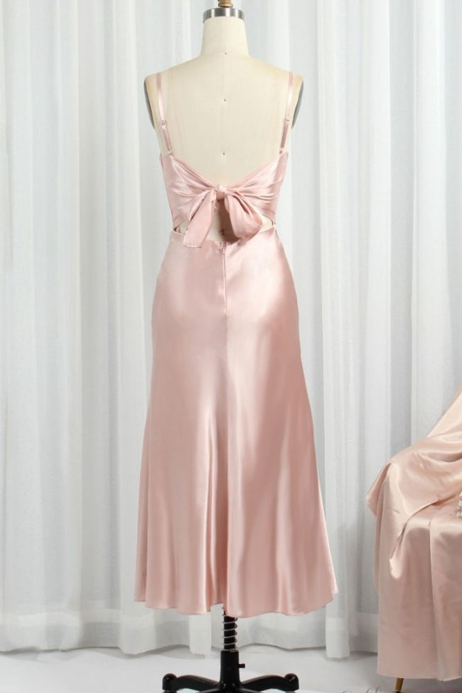 Pink Cowl Neck Bridesmaid Dress with Bow Back