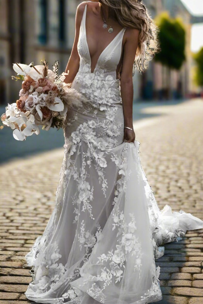 Ivory Plunging Neck Mermaid Wedding Dress with 3D Floral 