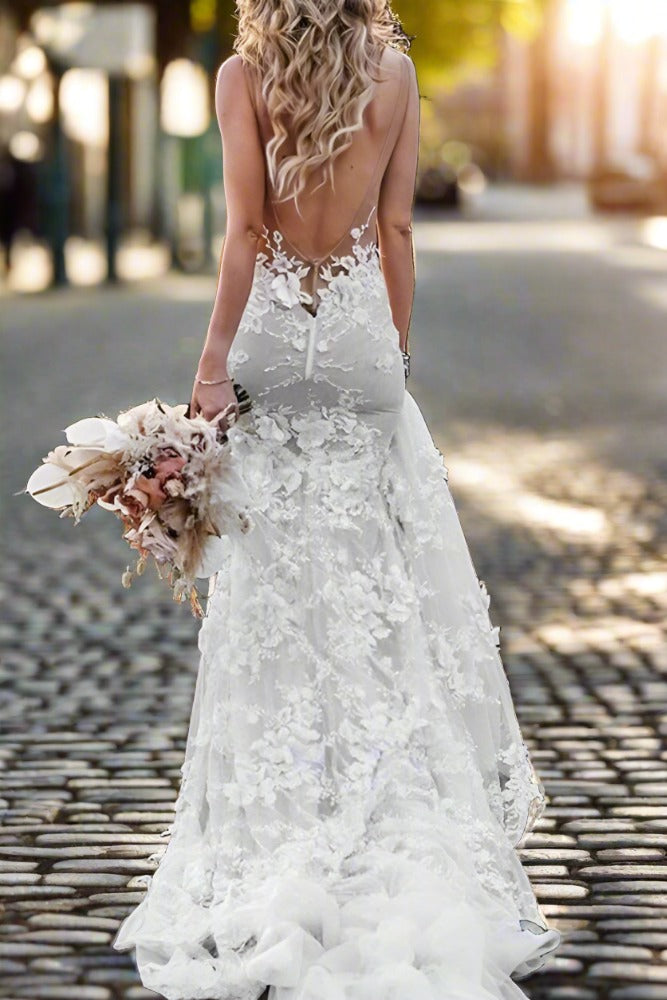 Ivory Plunging Neck Mermaid Wedding Dress with 3D Floral 