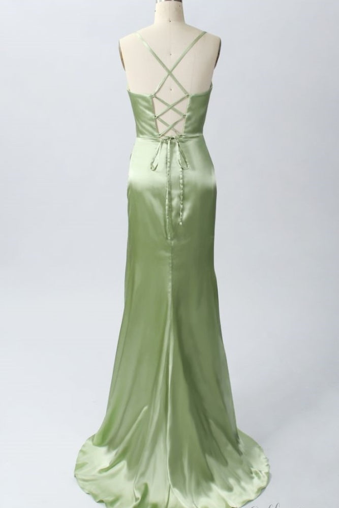 Green Cowl Neck Straps Bridesmaid Dress with Slit