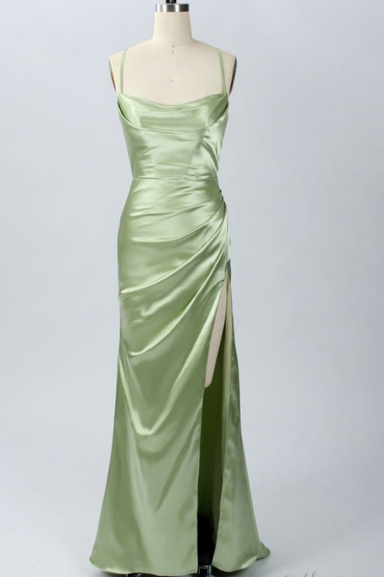 Green Cowl Neck Straps Bridesmaid Dress with Slit