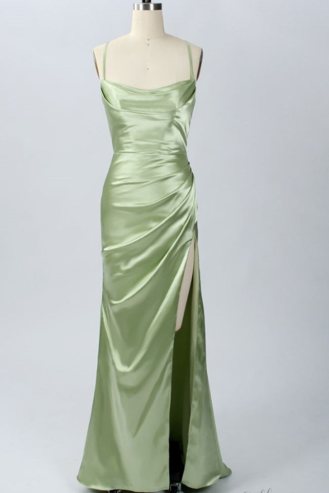 Green Cowl Neck Straps Bridesmaid Dress with Slit