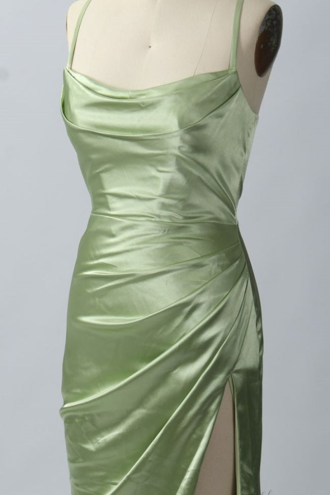 Green Cowl Neck Straps Bridesmaid Dress with Slit