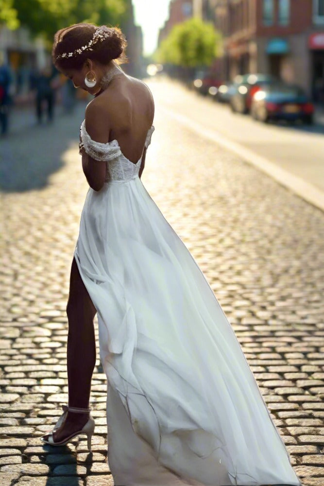 Ivory Off the Shoulder A-Line Bridal Dress with Slit