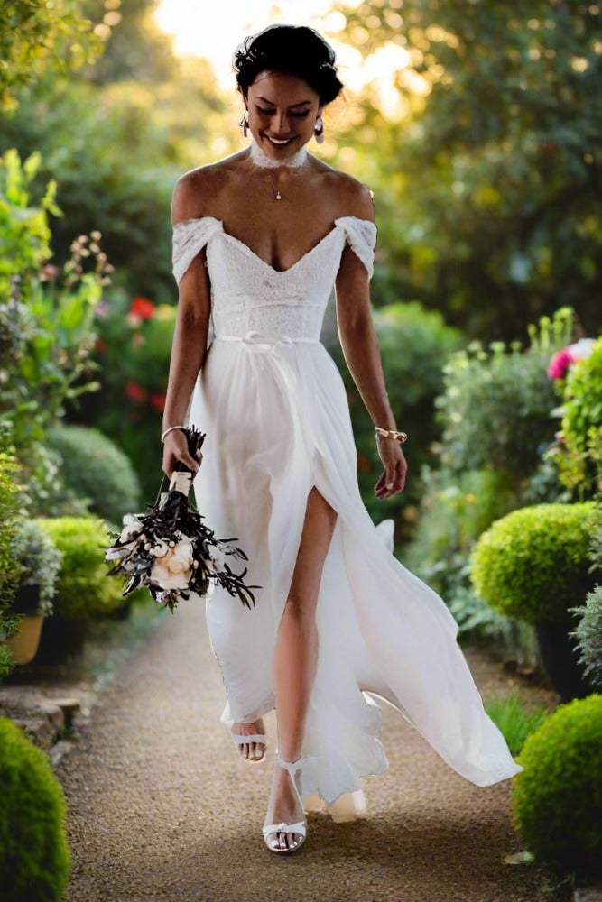 Ivory Off the Shoulder A-Line Bridal Dress with Slit