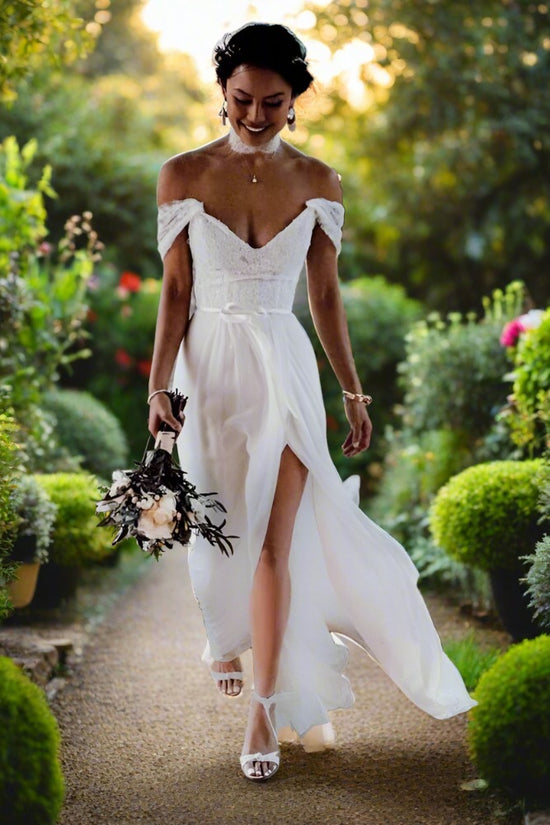 Ivory Off the Shoulder A-Line Bridal Dress with Slit