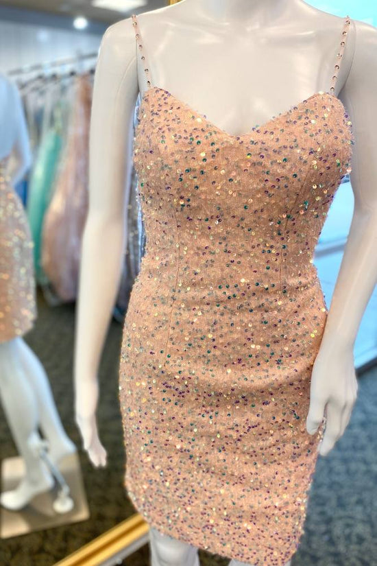 Peach Spaghetti Straps Sequin Homecoming Dress