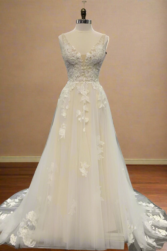 Ivory V-Neck Applique Wedding Dress with Open Back