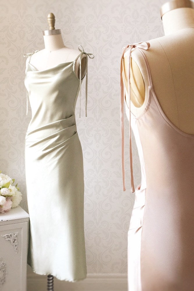 Sage Green Bow Tie Straps Bridesmaid Dress