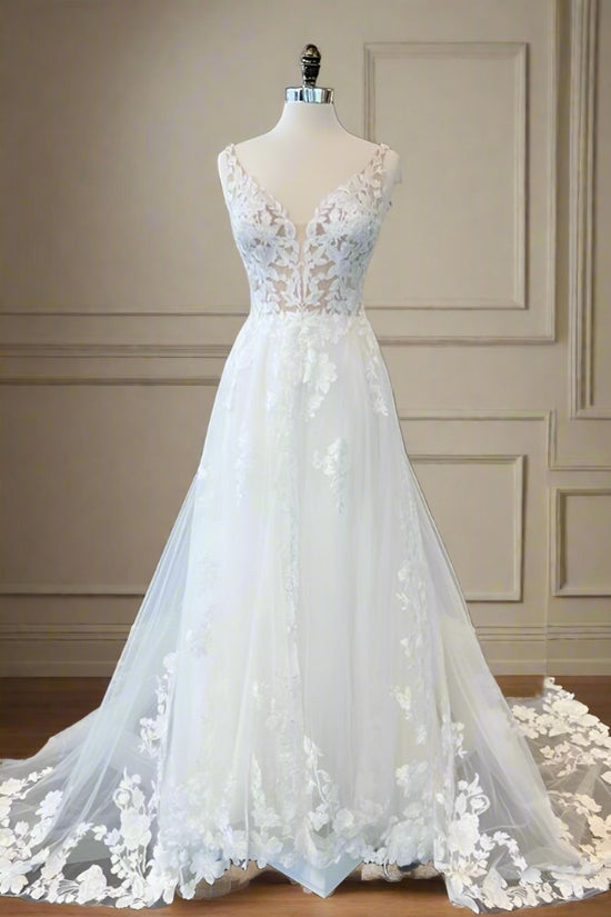 White Straps Lace A-Line Long Wedding Dress