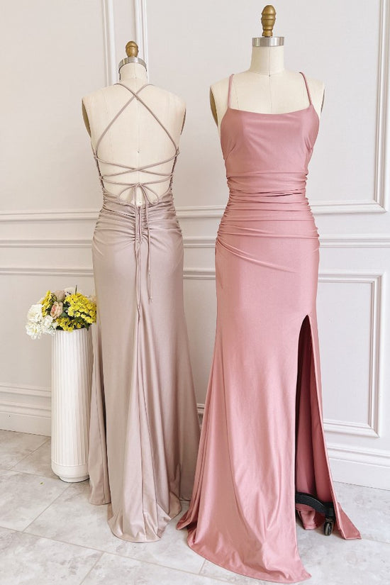 Dusty Pink Tight Slit Bridesmaid Dress with Lace-up