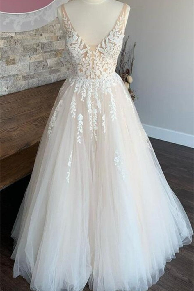 Ivory V-Neck Applique A-Line Tulle Bridal Dress