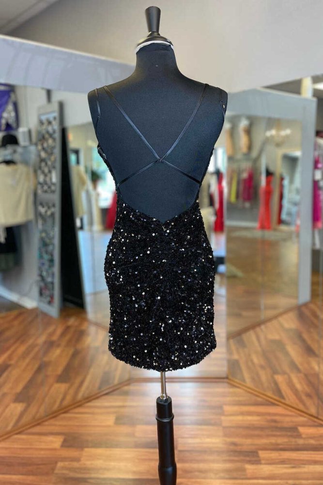 Double Straps Black V-neck Sequin Homecoming Dress