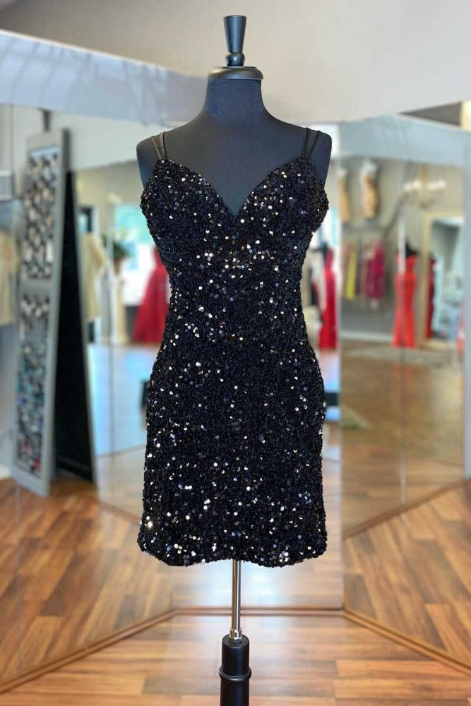 Double Straps Black V-neck Sequin Homecoming Dress