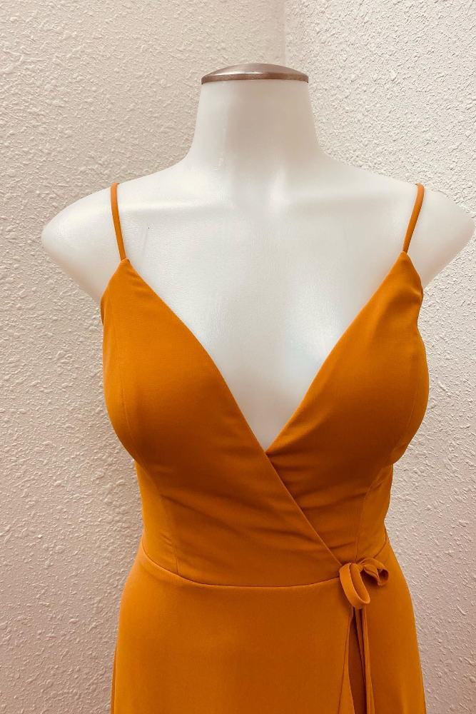  Pumpkin V-Line Ruffle Bridesmaid Dress with Slit