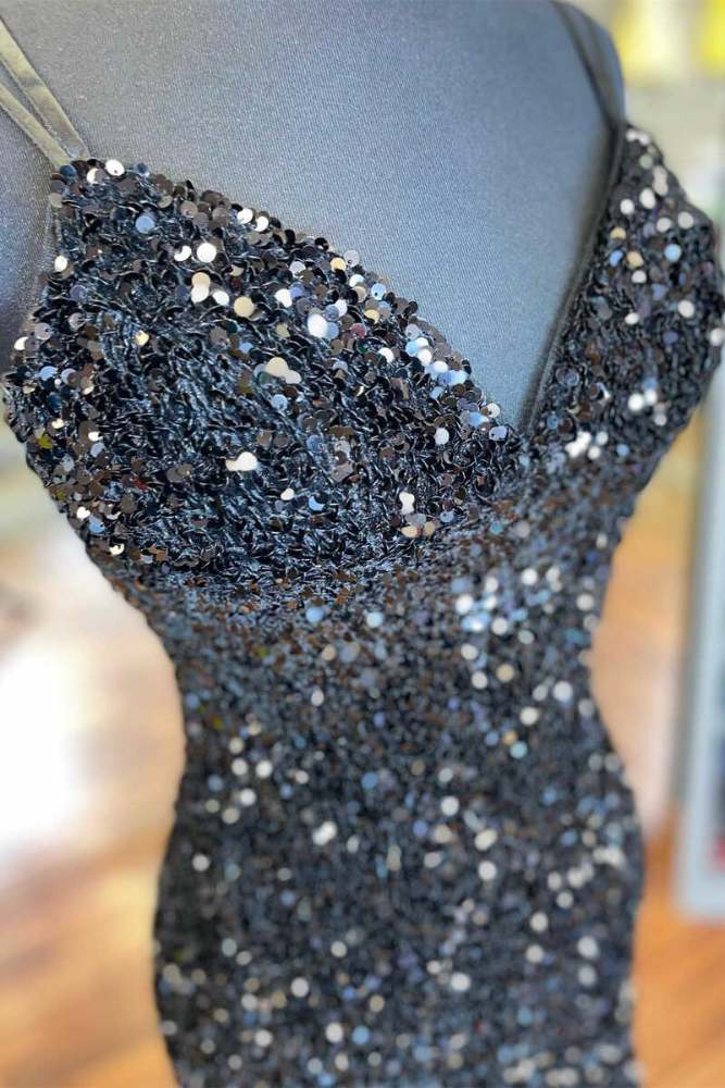 Double Straps Black V-neck Sequin Homecoming Dress