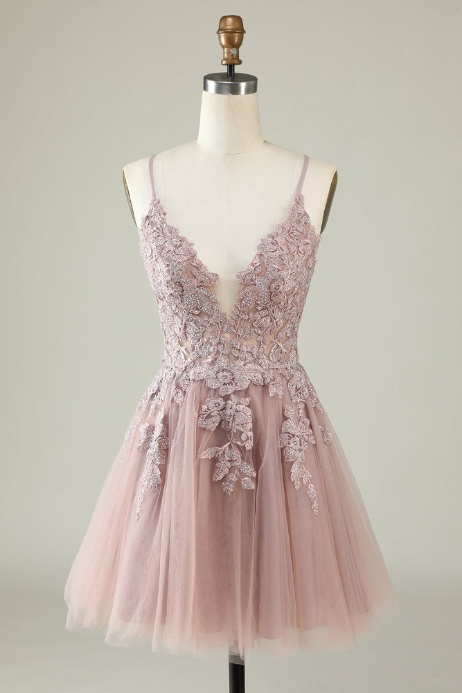 Blush Pink Applique A-line Short Homecoming Dress with Lace-up