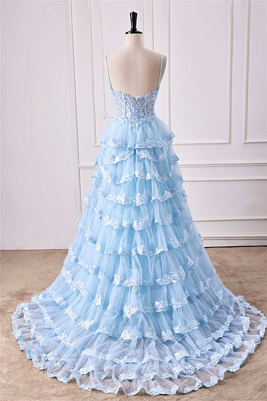 Straps Light Blue Lace Applique Slit Long Prom Dress