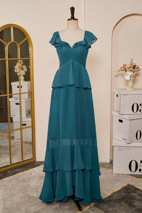 Teal Chiffon Flaunt Sleeves Ruffle A-line Bridesmaid Dress