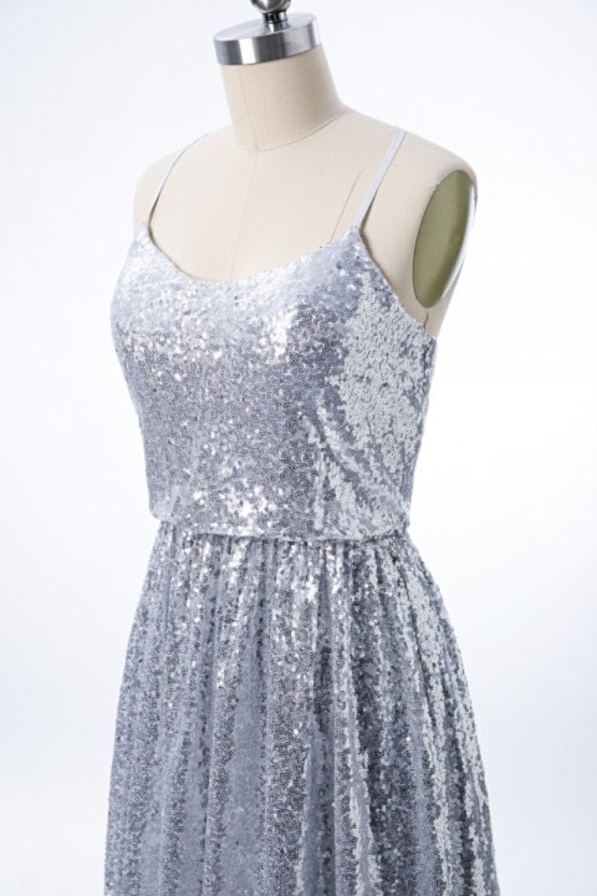 Silver Straps Sequin A-Line Long Bridesmaid Dress