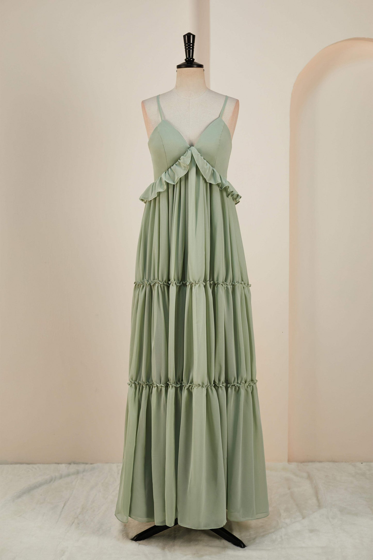 Deep V-Neck Dusty Sage Chiffon Ruffled  Long Bridesmaid Dress