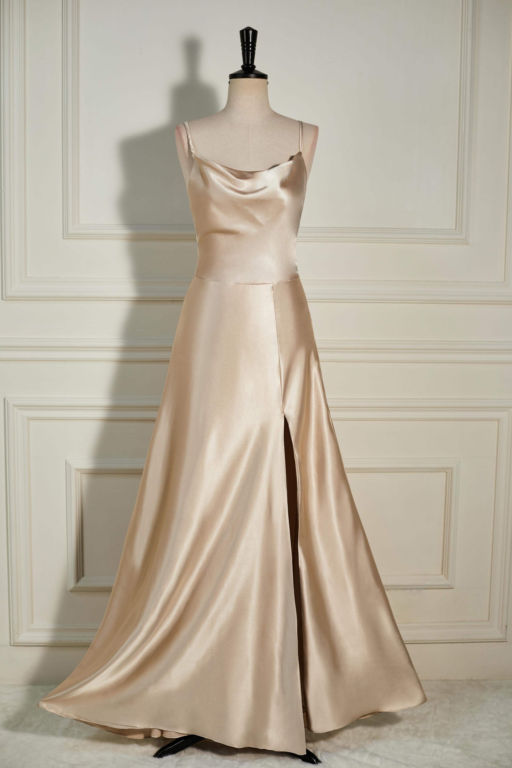 Cowl Neck Straps Champagne Satin A-line Slit Long Bridesmaid Dress