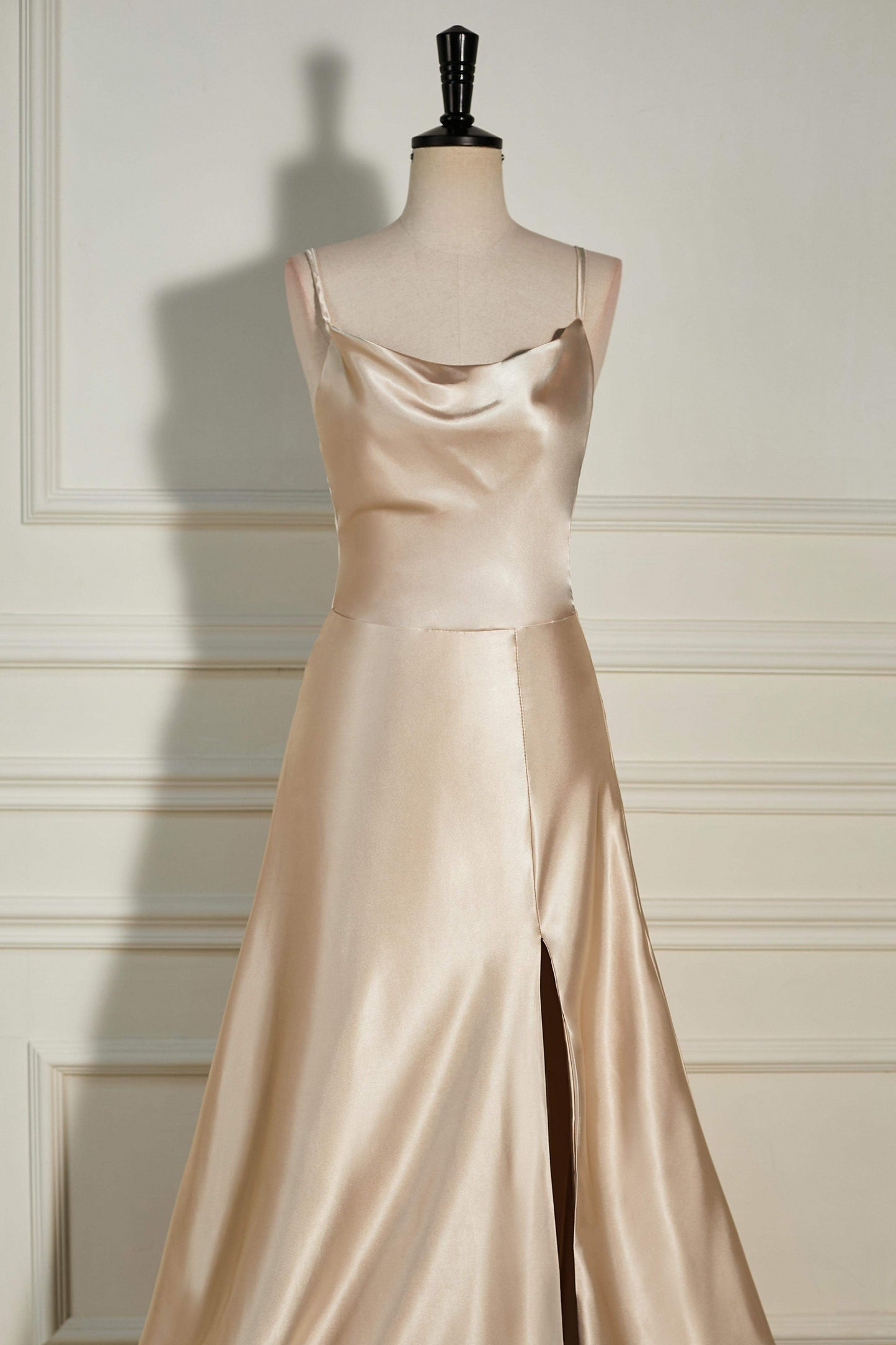 Cowl Neck Straps Champagne Satin A-line Slit Long Bridesmaid Dress