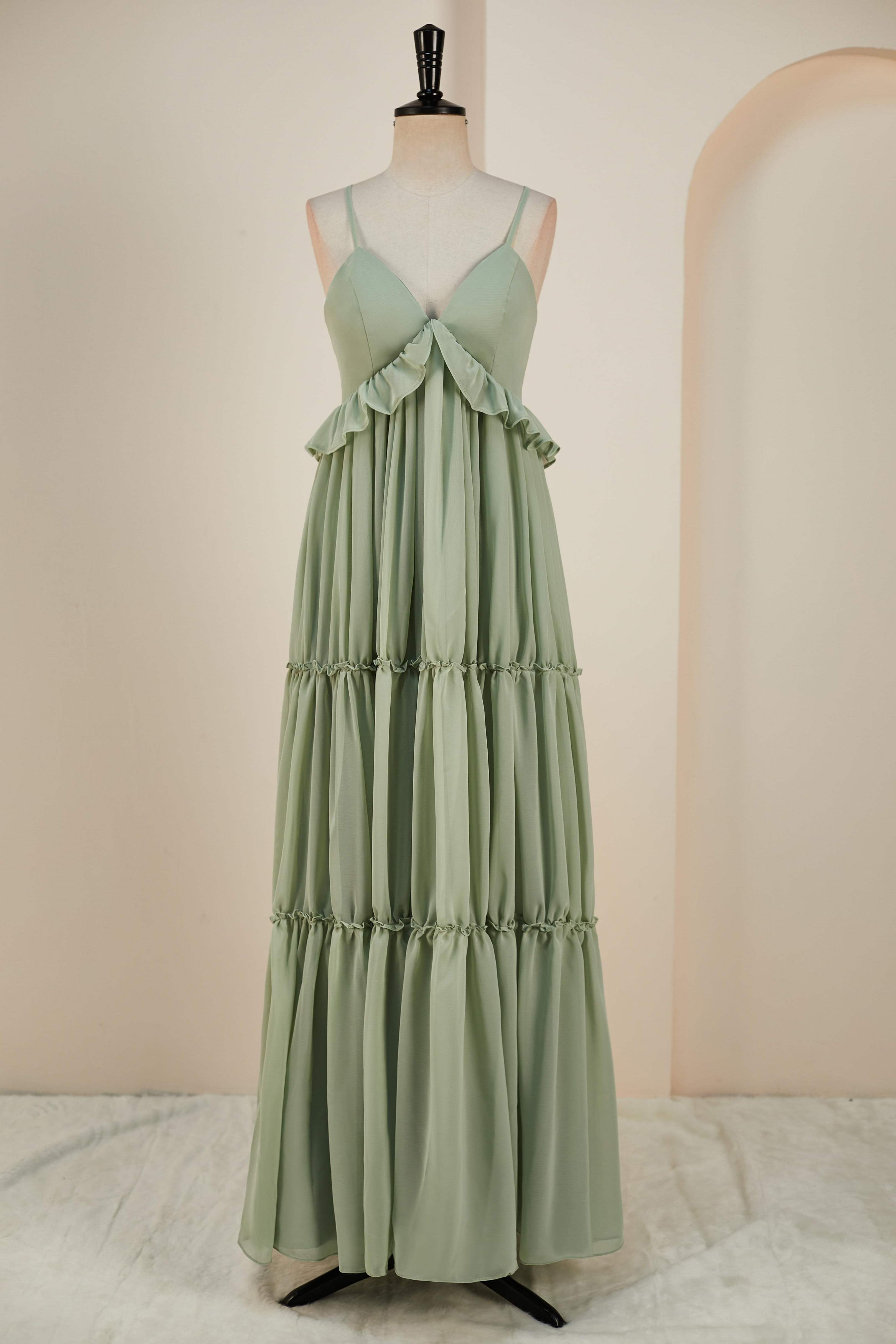 Deep V-Neck Dusty Sage Chiffon Ruffled  Long Bridesmaid Dress