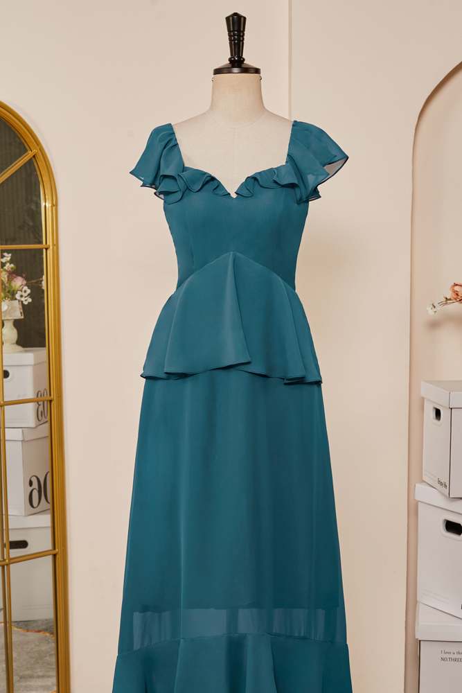 Teal Chiffon Flaunt Sleeves Ruffle A-line Bridesmaid Dress