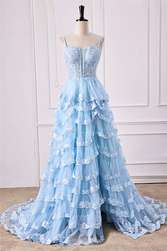 Straps Light Blue Lace Applique Slit Long Prom Dress