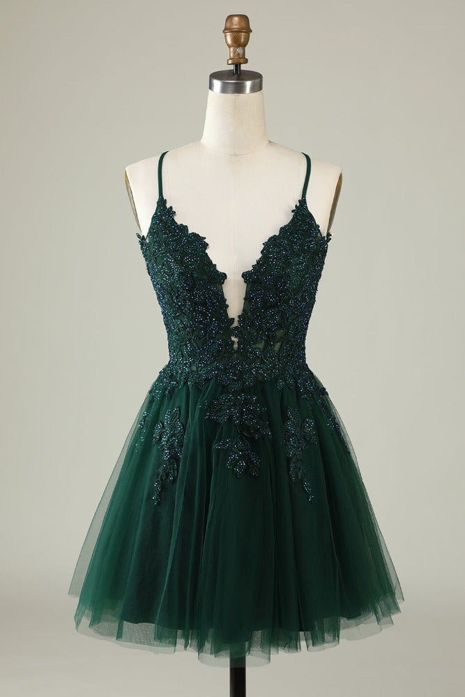 Hunter Green Applique A-line Short Homecoming Dress with Lace-up