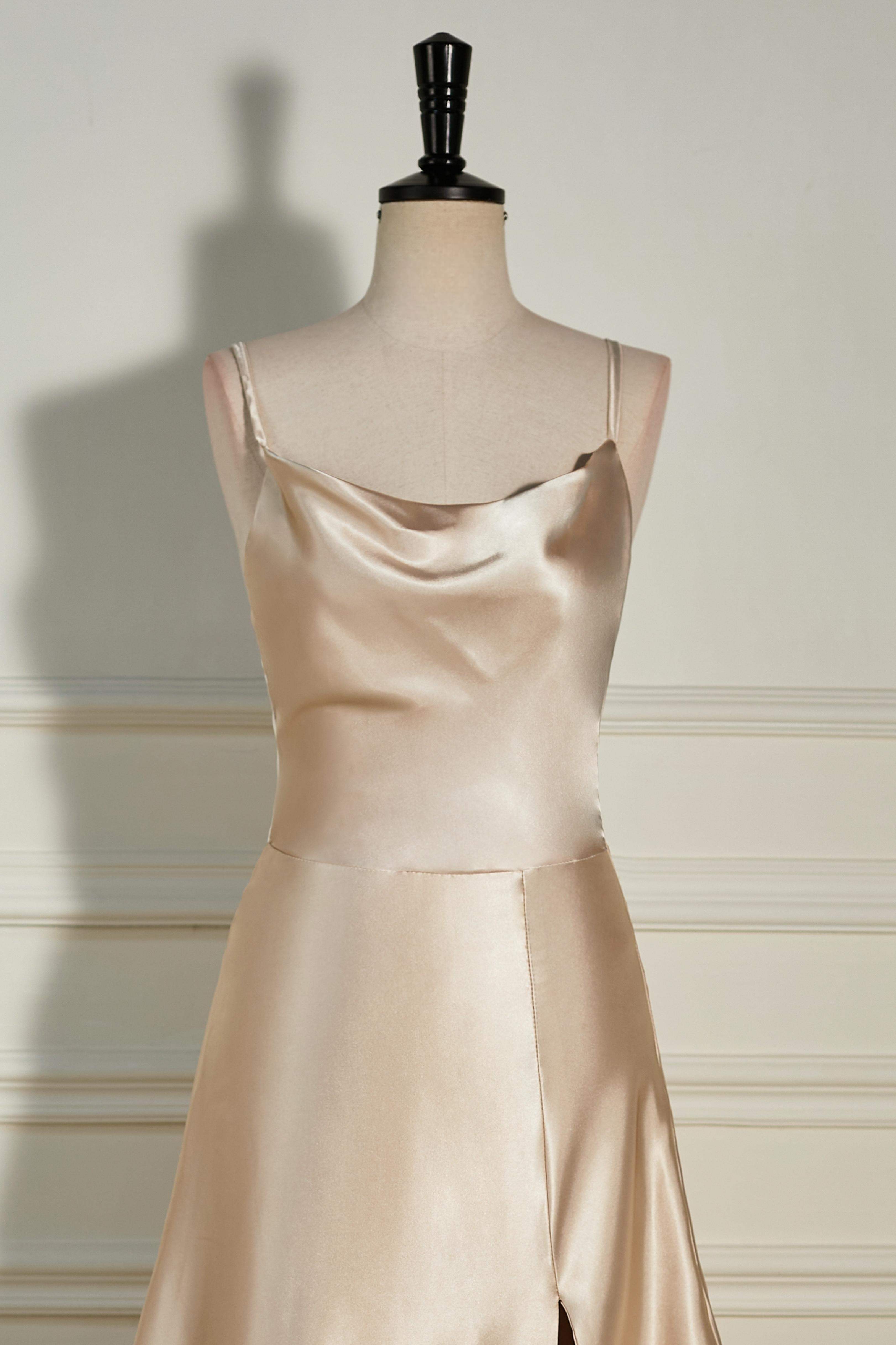 Cowl Neck Straps Champagne Satin A-line Slit Long Bridesmaid Dress