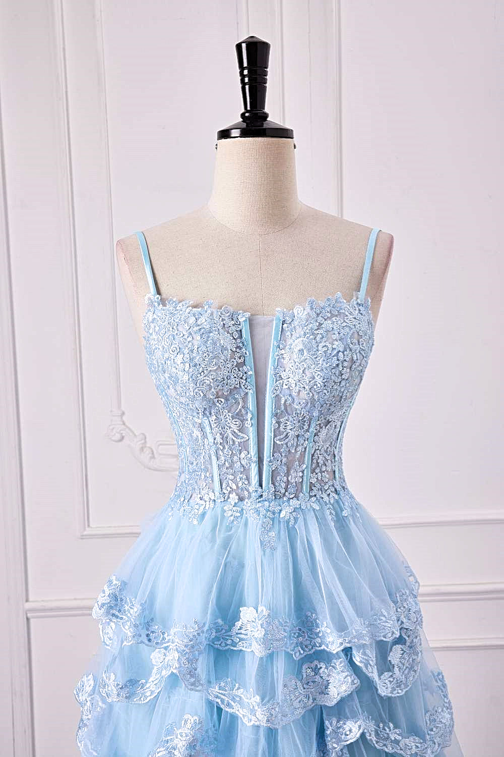 Straps Light Blue Lace Applique Slit Long Prom Dress