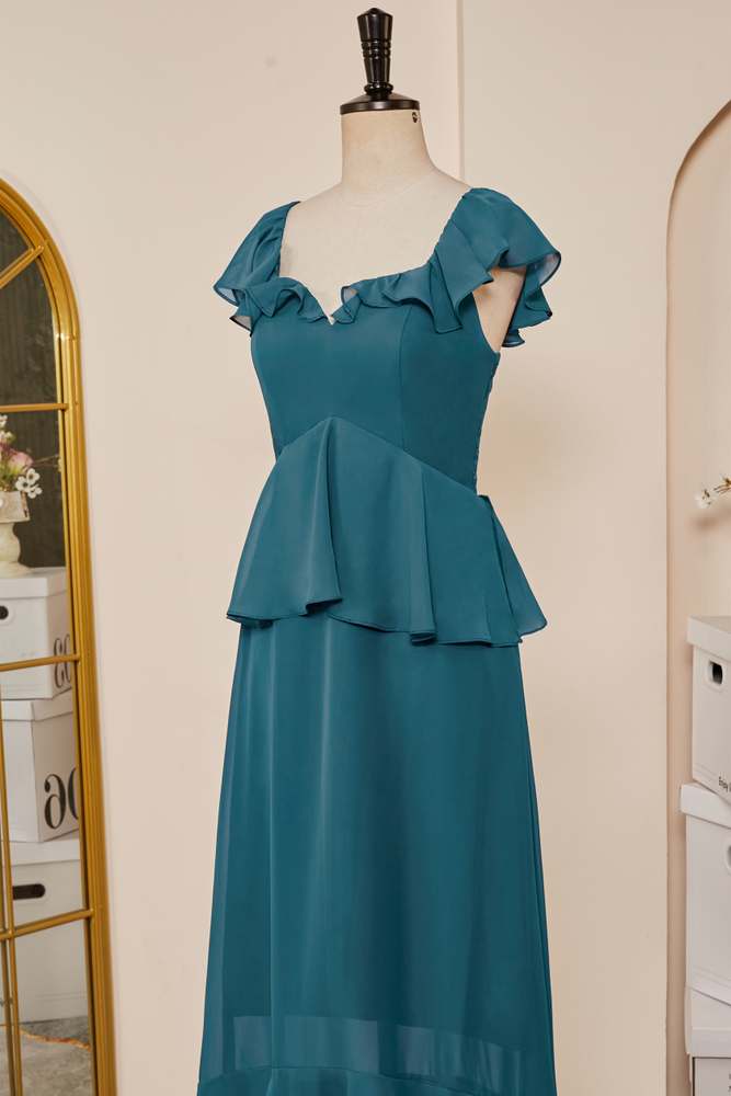 Teal Chiffon Flaunt Sleeves Ruffle A-line Bridesmaid Dress