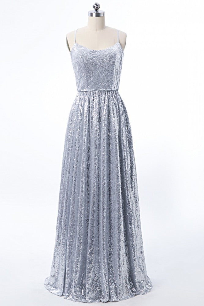 Silver Straps Sequin A-Line Long Bridesmaid Dress