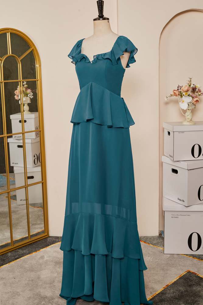 Teal Chiffon Flaunt Sleeves Ruffle A-line Bridesmaid Dress