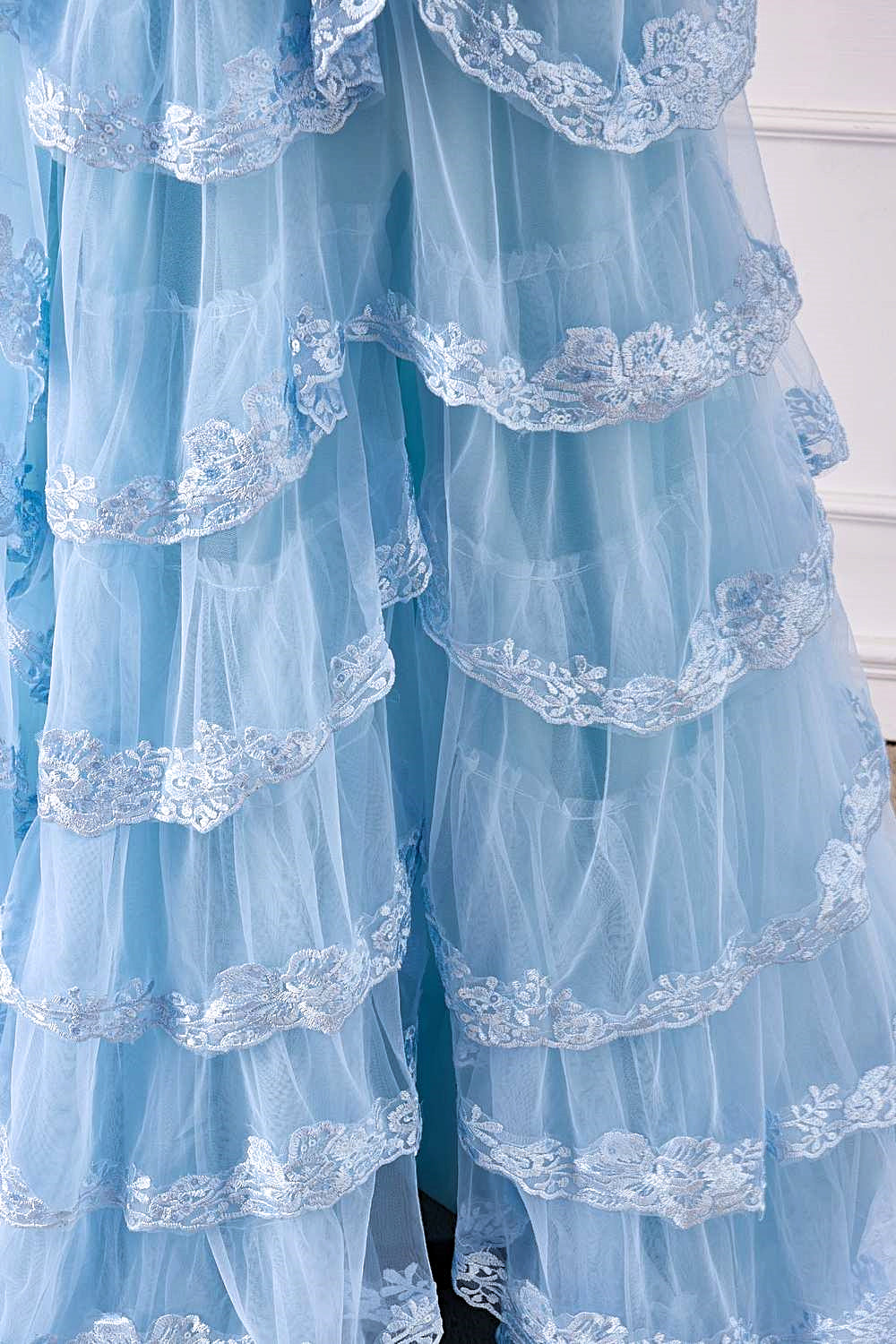 Straps Light Blue Lace Applique Slit Long Prom Dress