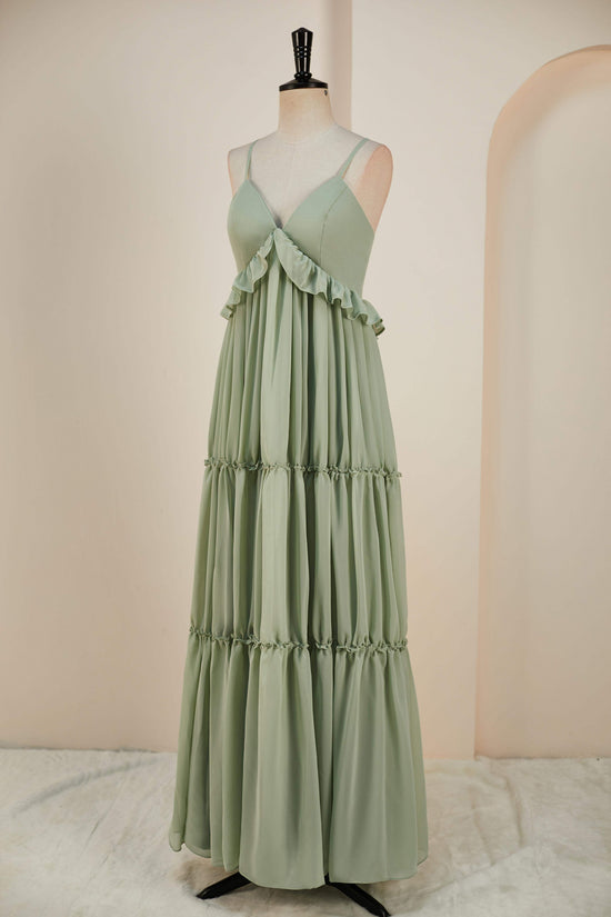 Deep V-Neck Dusty Sage Chiffon Ruffled  Long Bridesmaid Dress