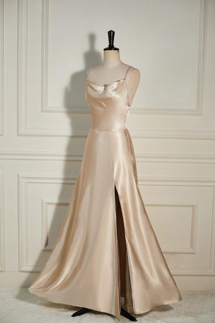 Cowl Neck Straps Champagne Satin A-line Slit Long Bridesmaid Dress