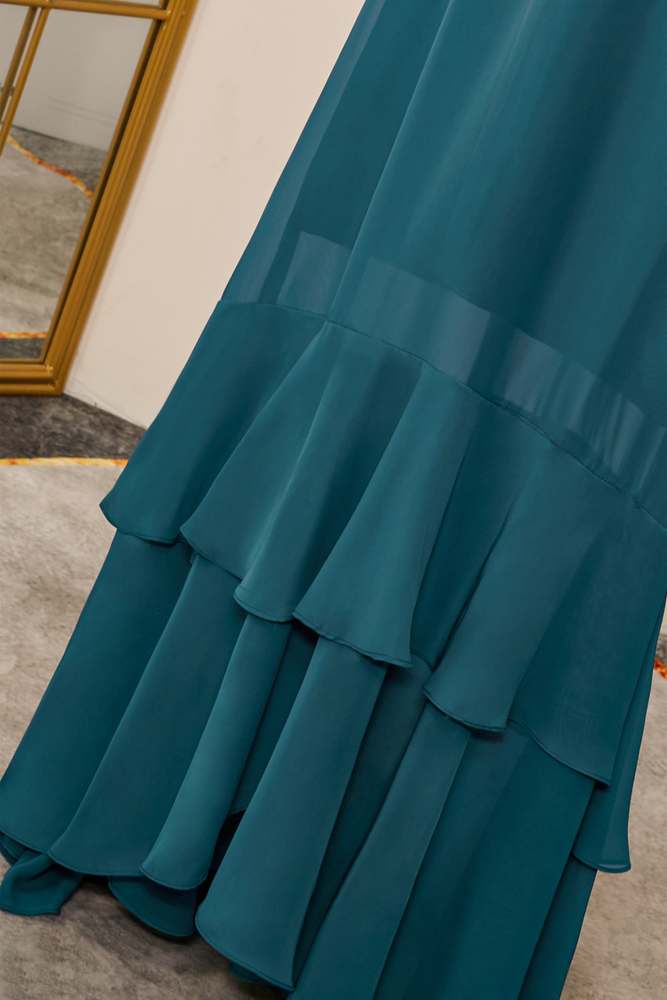 Teal Chiffon Flaunt Sleeves Ruffle A-line Bridesmaid Dress