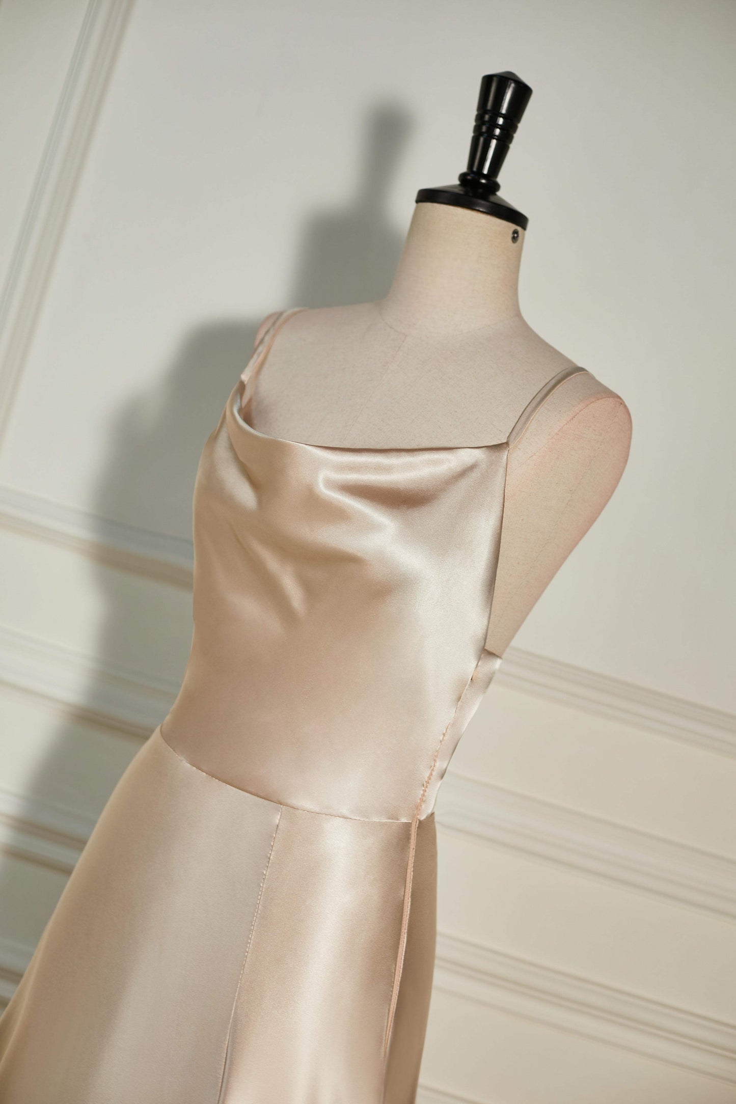 Cowl Neck Straps Champagne Satin A-line Slit Long Bridesmaid Dress