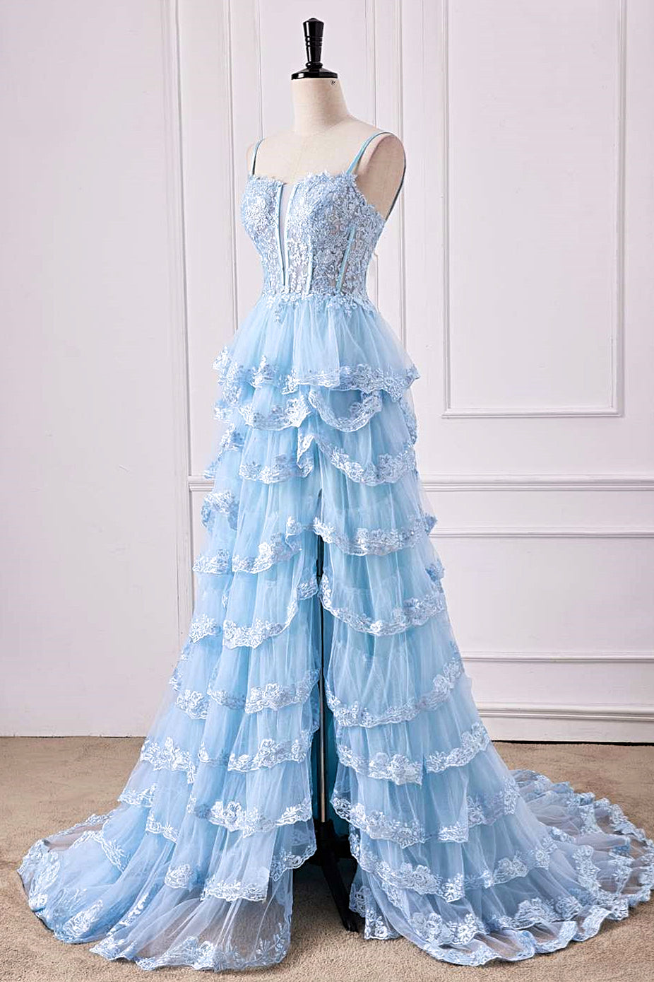 Straps Light Blue Lace Applique Slit Long Prom Dress