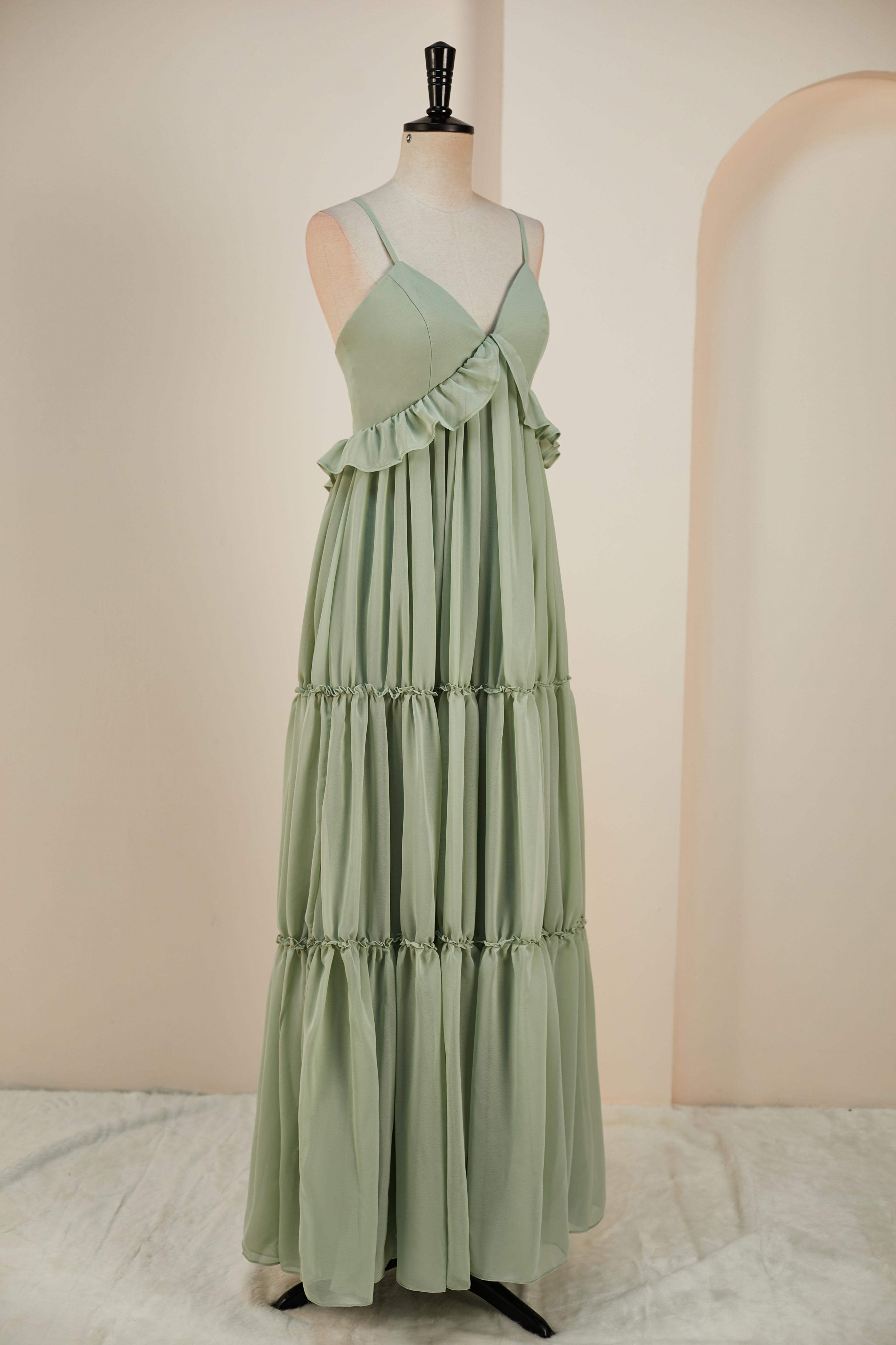 Deep V-Neck Dusty Sage Chiffon Ruffled  Long Bridesmaid Dress