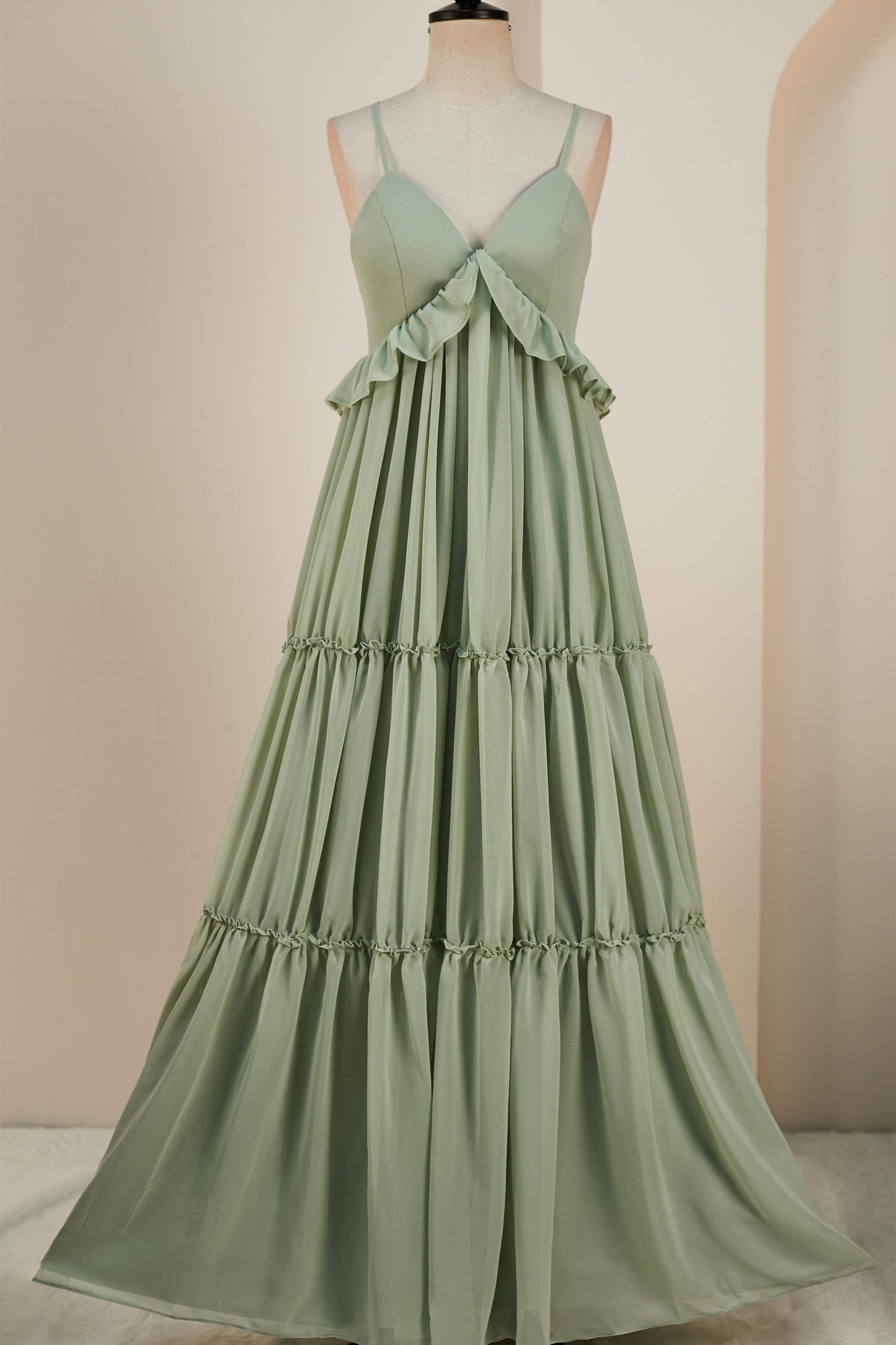 Deep V-Neck Dusty Sage Chiffon Ruffled  Long Bridesmaid Dress