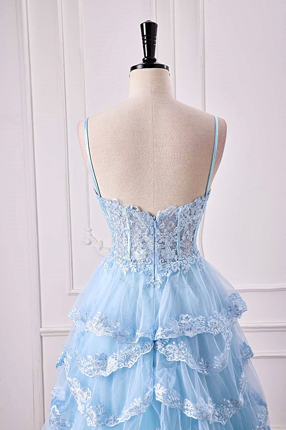 Straps Light Blue Lace Applique Slit Long Prom Dress