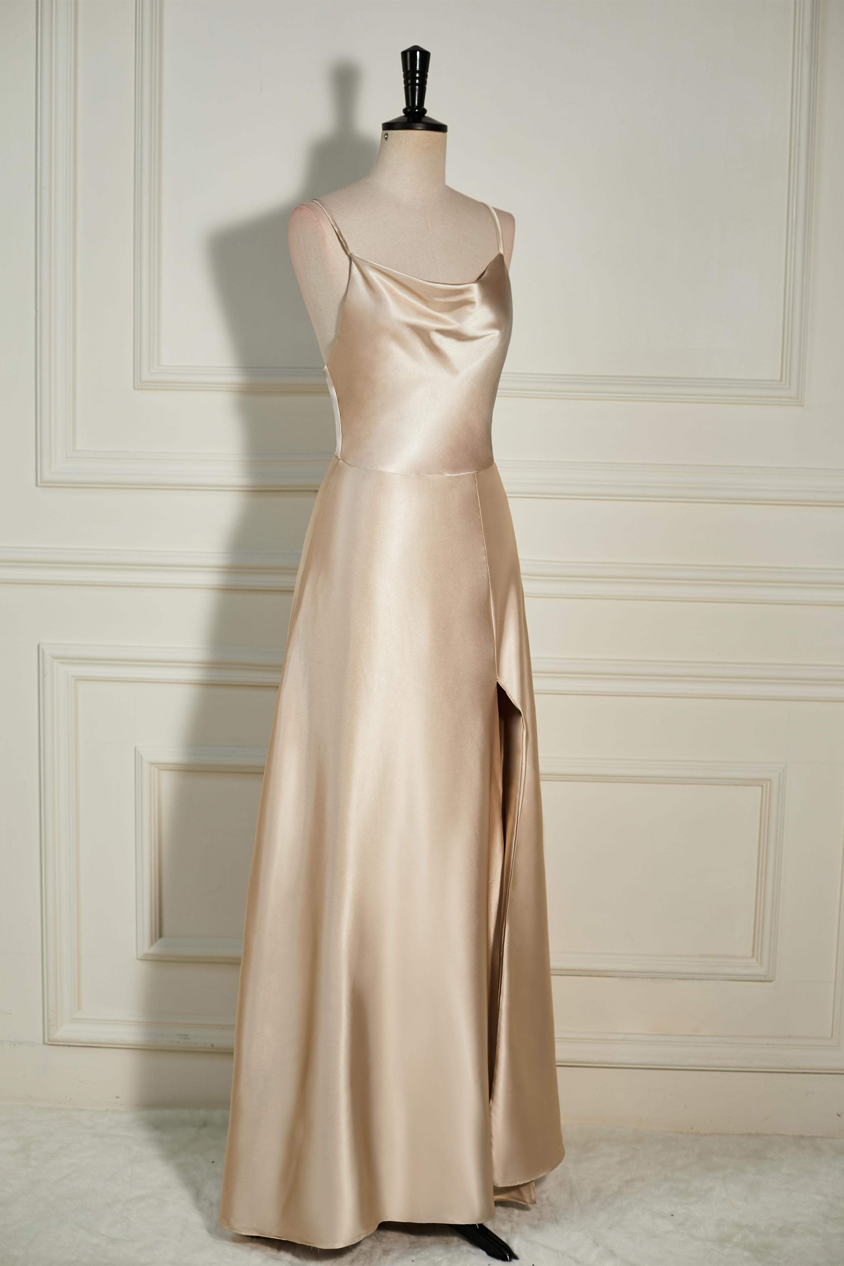 Cowl Neck Straps Champagne Satin A-line Slit Long Bridesmaid Dress