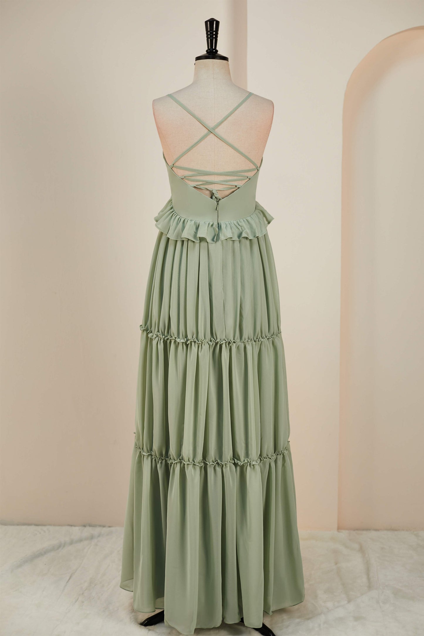 Deep V-Neck Dusty Sage Chiffon Ruffled  Long Bridesmaid Dress