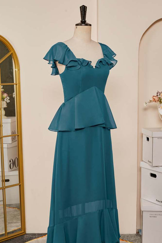 Teal Chiffon Flaunt Sleeves Ruffle A-line Bridesmaid Dress