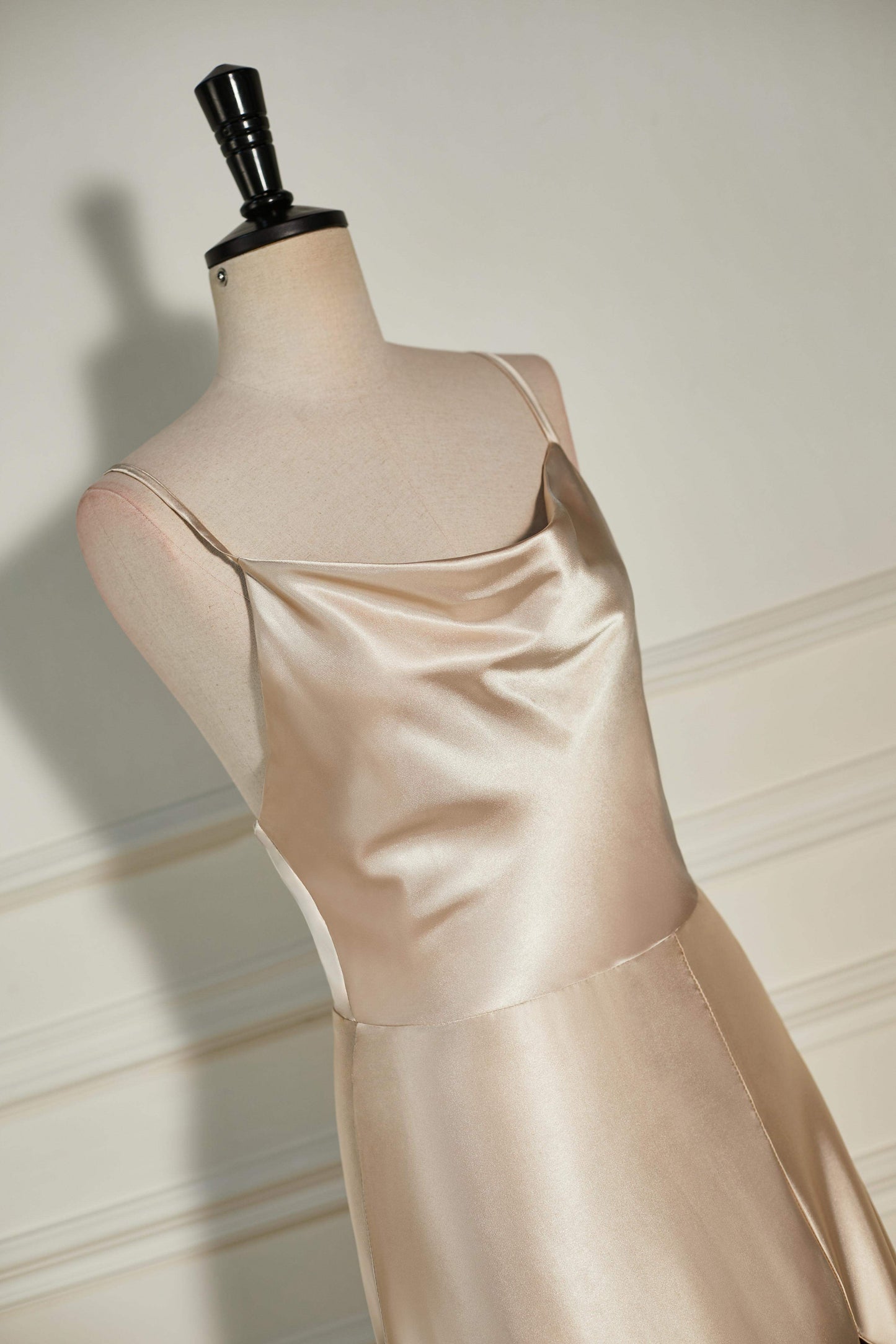 Cowl Neck Straps Champagne Satin A-line Slit Long Bridesmaid Dress