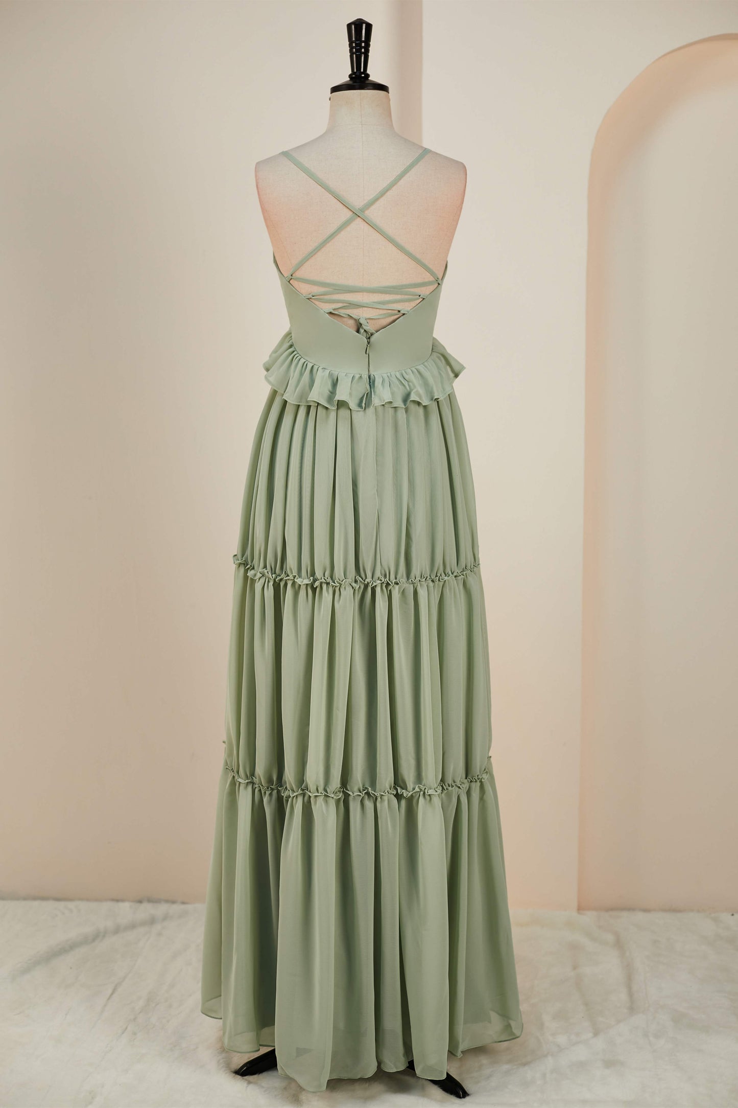 Deep V-Neck Dusty Sage Chiffon Ruffled  Long Bridesmaid Dress